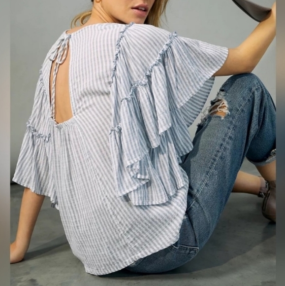Anthropologie Pilcro Blue and White Stripes with Ruffle Sleeves Blouse - Picture 2 of 11